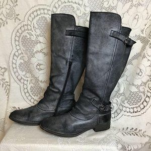 Faux Leather Distressed Knee Hi Flat Riding Boots